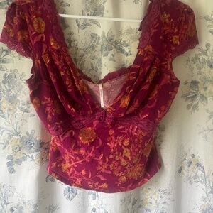 Free People Red and Gold Flutter Sleeve Blouse